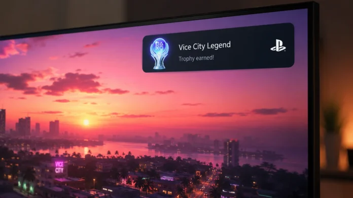 PlayStation 5 UI showing a Platinum Trophy unlocking for Grand Theft Auto 6 in Vice City