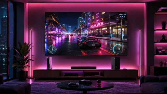 High-end modern gaming setup in a dark living room with neon pink and purple LED ambient lighting, featuring a massive ultra-thin OLED TV displaying a hyper-realistic neon Miami-style city at night, with a PlayStation 5 Pro and Xbox Series X on a minimalist wooden TV stand.