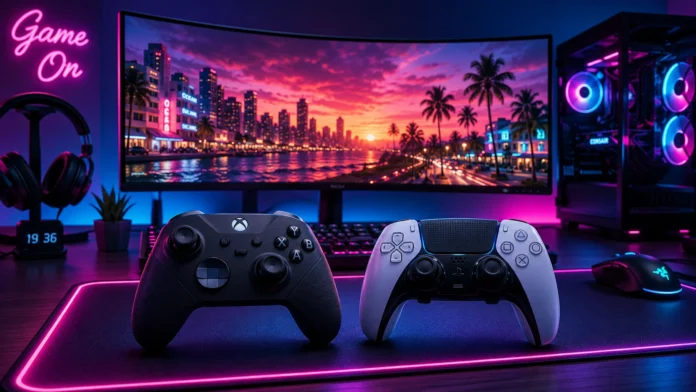 High-end PC gaming desk with neon pink and cyan RGB lighting, featuring an Xbox Elite Series 2 controller and PlayStation DualSense Edge controller on a large RGB mousepad, with a curved ultrawide monitor displaying a hyper-realistic Miami-style sunset cityscape in the background.
