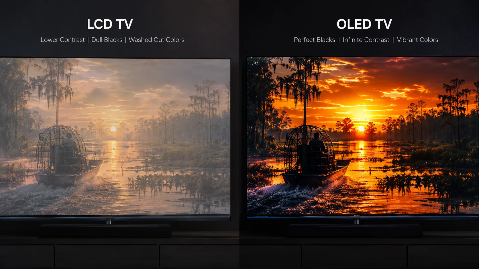 LCD vs OLED TV Display Comparison showcasing a swamp sunset scene