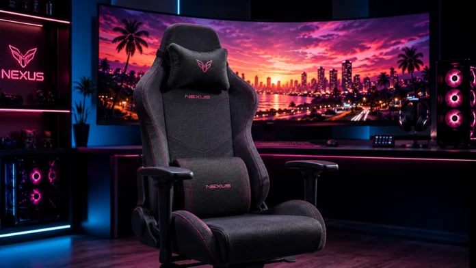 Luxurious ergonomic gaming chair made of premium textured black fabric with subtle neon pink stitching, centered in a futuristic RGB gaming room with a curved ultrawide monitor displaying a hyper-realistic Miami-inspired tropical sunset skyline.
