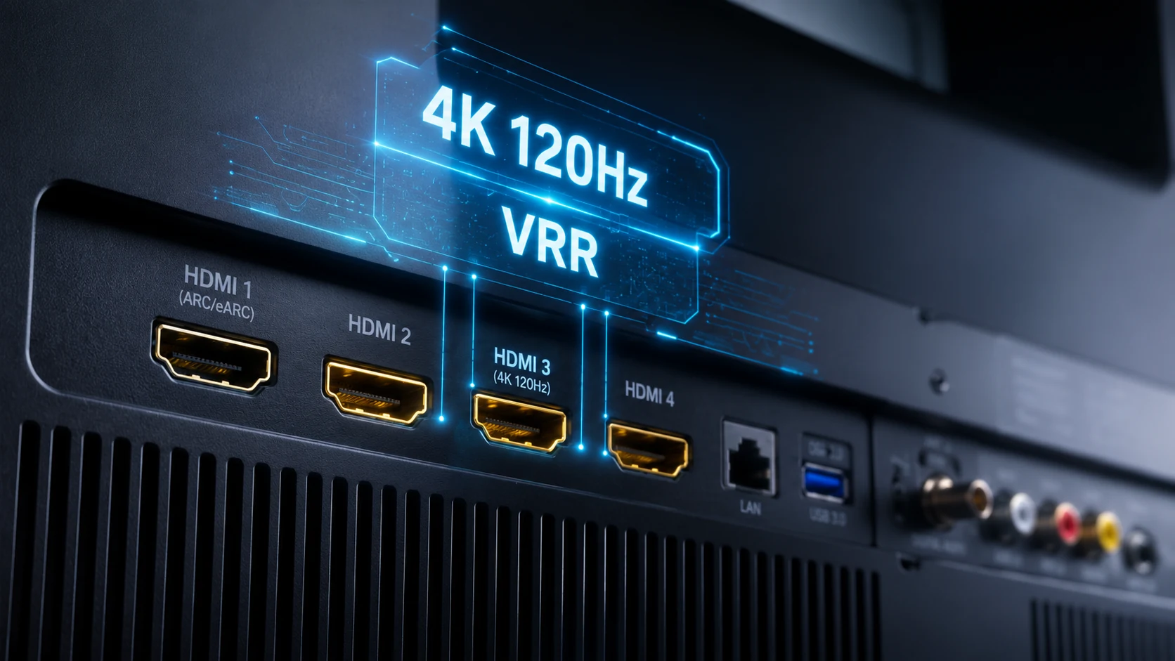 Premium Smart TV HDMI 2.1 Ports showing 4K 120Hz and VRR capabilities