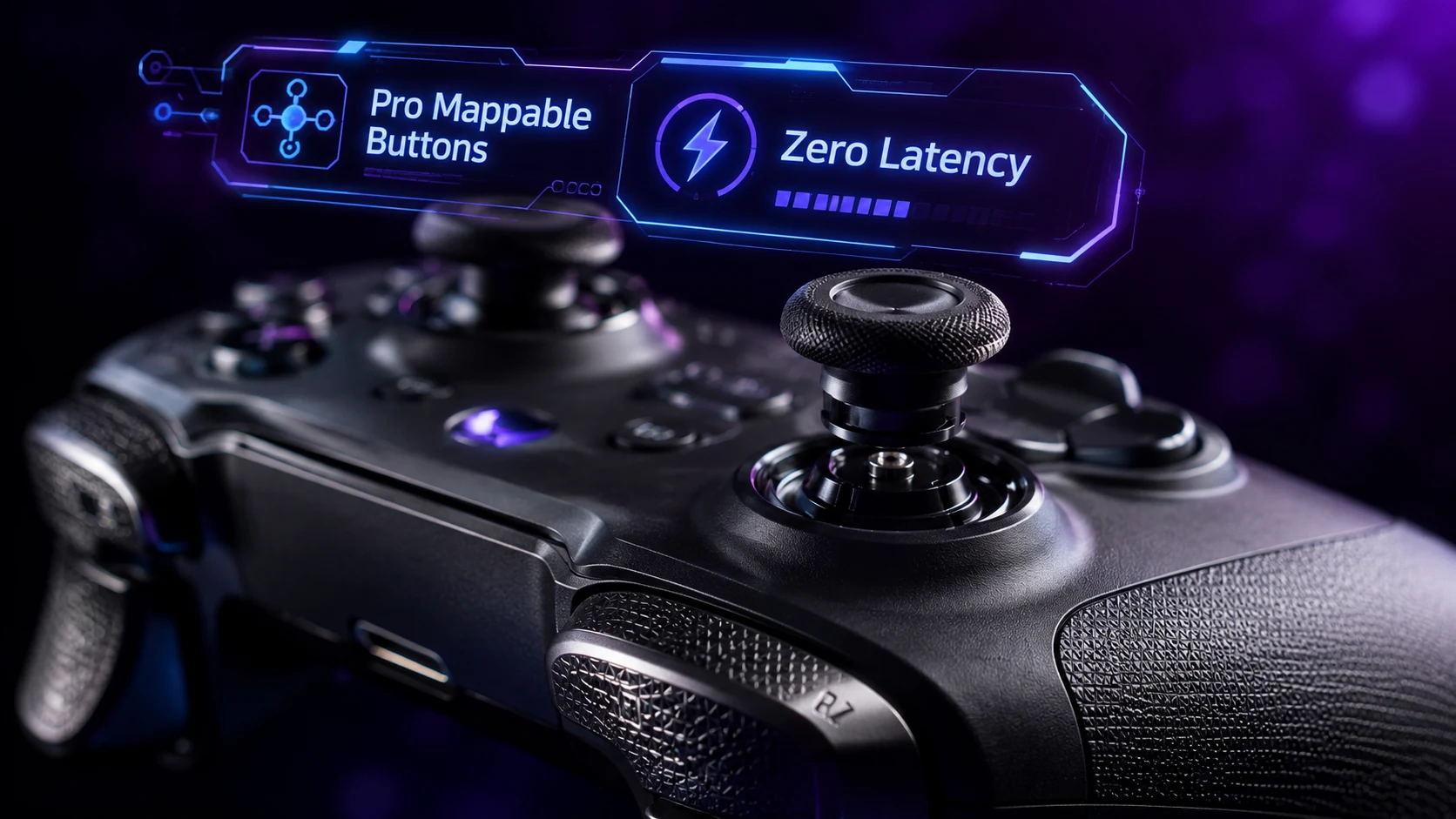 Pro gaming controller macro view showing modular holographic features for GTA 6 PC