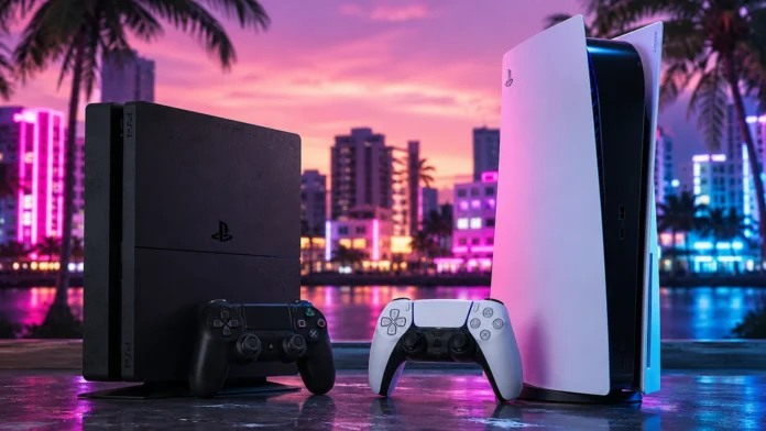 PlayStation 4 vs PlayStation 5 neon Miami Vice City comparison.