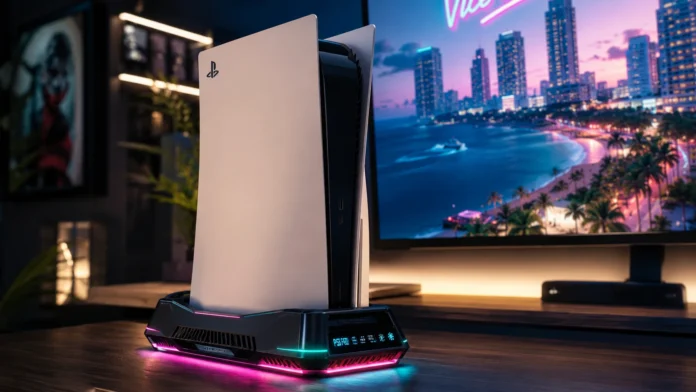 PS5 Pro on a futuristic RGB cooling stand in a neon-lit gaming room
