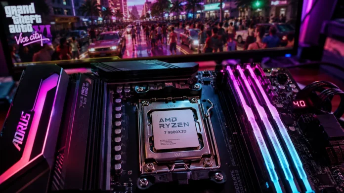A high-end AMD Ryzen processor seated on a motherboard to prevent CPU bottlenecks in GTA 6